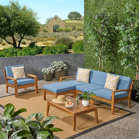Wilcox Outdoor 6 Piece Acacia Wood Sectional Sofa Set With Cushions