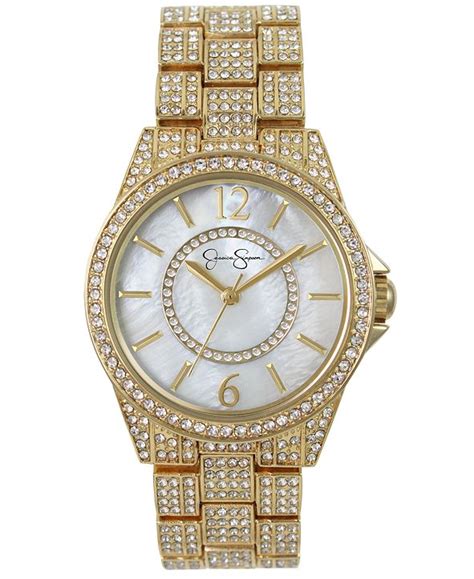 Jessica Simpson Womens Crystal Encrusted Gold Plated Bracelet Watch