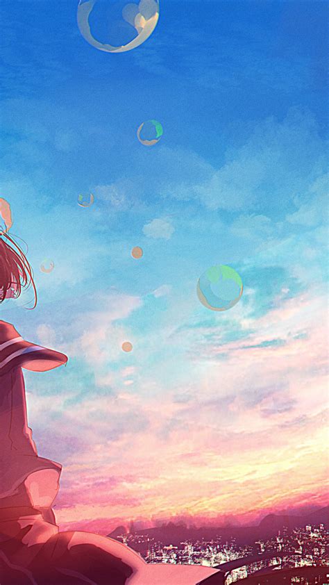 Download 1080x1920 Anime School Girl Bubbles Sunset Painting Sky
