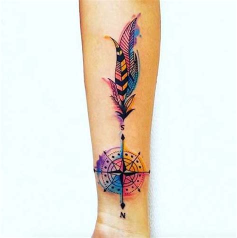 Wrist Compass And Feather Tattoo Renkli Tüy Ve Pusula Dövmesi Tattoos Kuş Tüyü Dövmeleri