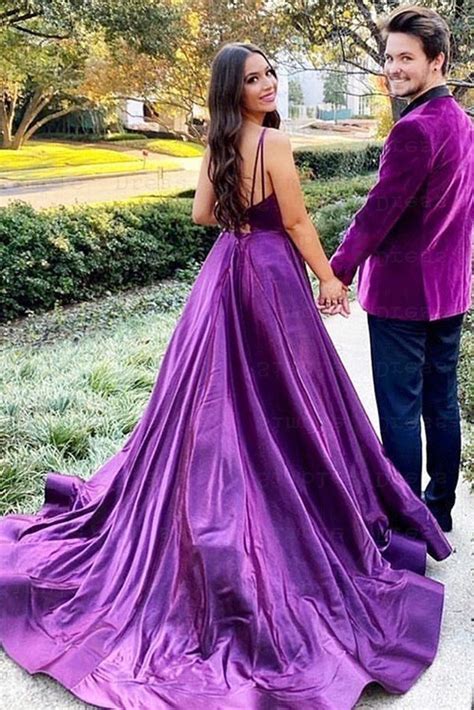V Neck Backless Purple Satin Long Prom Dress With High Slit Backless Abcprom