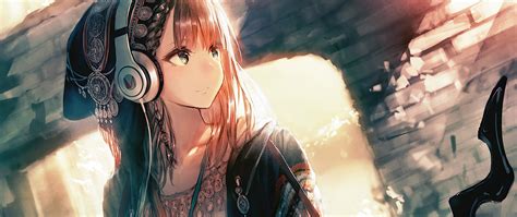 2560x1080 Anime Girl Headphones Looking Away 4k 2560x1080 Resolution Hd