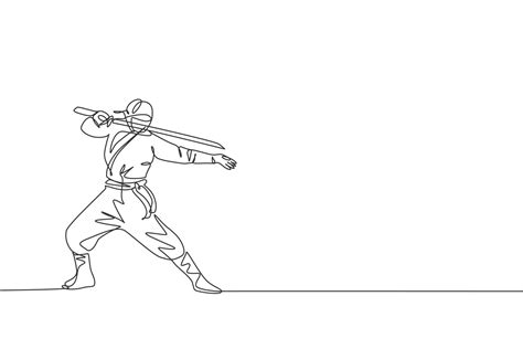 Single Continuous Line Drawing Of Young Japanese Culture Ninja Warrior