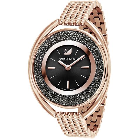 Swarovski Crystalline Oval Watch Metal Bracelet Black Rose Gold Tone
