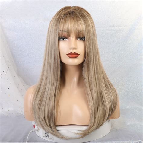 Women Synthetic Hair Heat Resistant Long Ombre Blonde Black Brown Hair Wigs With Flat Bangs