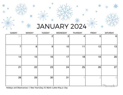 January 2024 Calendar Free Printable With Holidays