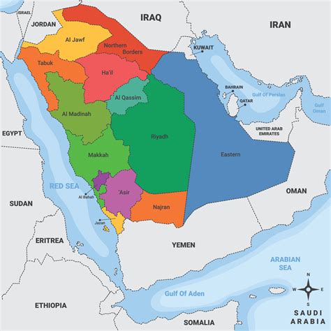 Saudi Arabia Country Map With Surrounding Borders Vector Art