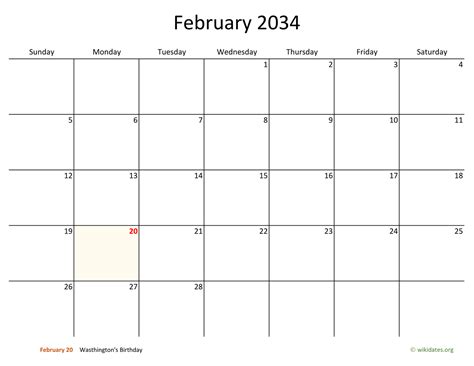 February 2034 Calendar With Bigger Boxes