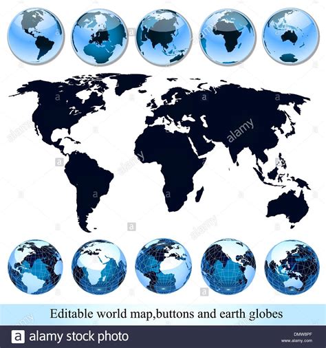 Editable World Map With Buttons And Earth Globes Stock Vector Image