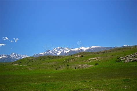 Green Meadow With Snowy Mountains On Background Stock Image Image Of