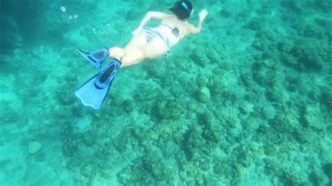 Underwater View Girl Bikini Snorkeling Crystal Clear Sea Water Video