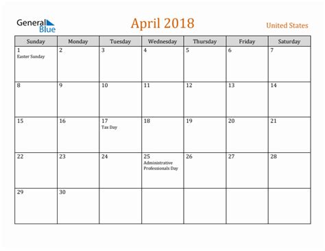 April 2018 Monthly Calendar With United States Holidays