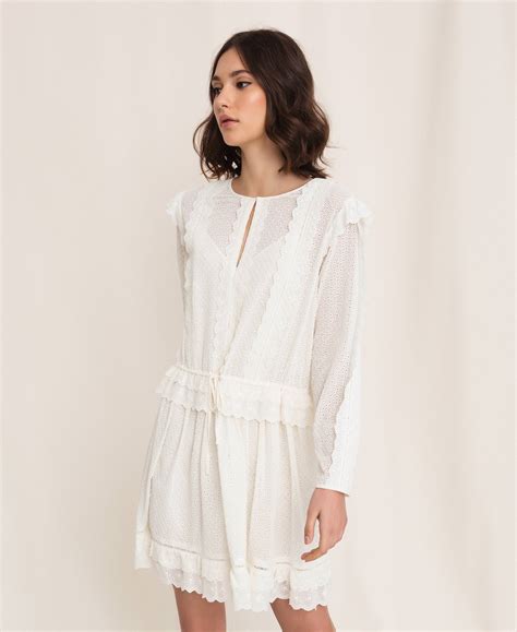 Broderie anglaise dress with drawstring Woman, White | TWINSET Milano