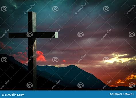 Jesus Christ Wooden Cross On A Scene With Dramatic Sky And Colorful