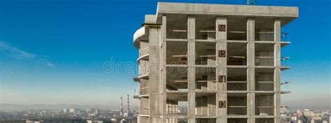 Panorama Of Aerial View Of Concrete Frame Of Tall Apartment Building