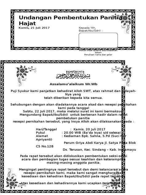 Contoh surat undangan resmi paling lengkap, dikemas rapi dan menarik dengan menggunakan gaya bahasa yang enak dibaca, sehingga menciptakan rasa nyaman bagi para pembaca pada saat mempelajarinya. Contoh-Surat-Undangan-Rapat-Panitia-Pernikahan.doc