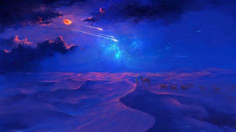 Digital Art Shooting Stars Camels Desert Stars Clouds Lunar