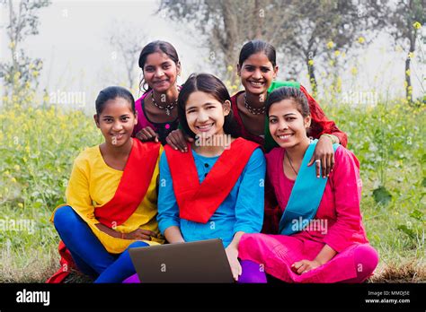 Group Teenager College Girls Students Laptop Working Education In Farm