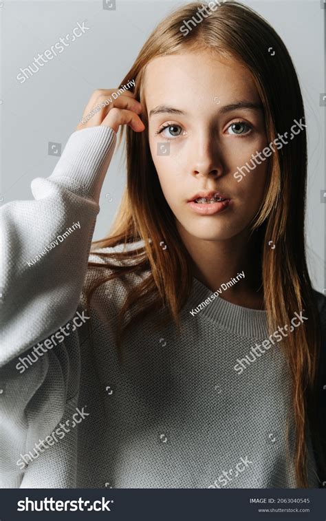Portrait Calm Brunette Teenage Girl Fixing Stock Photo 2063040545
