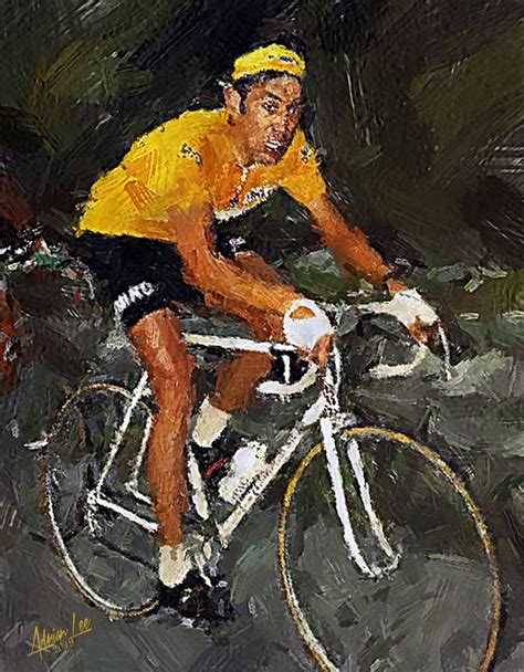 A Painting Of A Man Riding A Bike On The Road In Yellow Shirt And Black