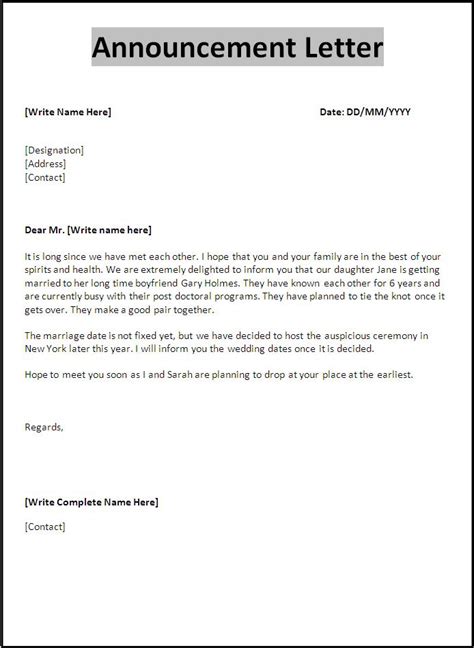 Announcement Letter Sample Free Word Templates