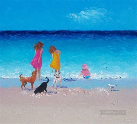 Girls And Dogs At Beach Child Impressionism Painting In Oil For Sale