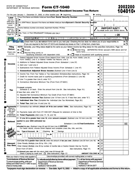 Form Ct 1040 Connecticut Resident Income Tax Return 2002 Printable