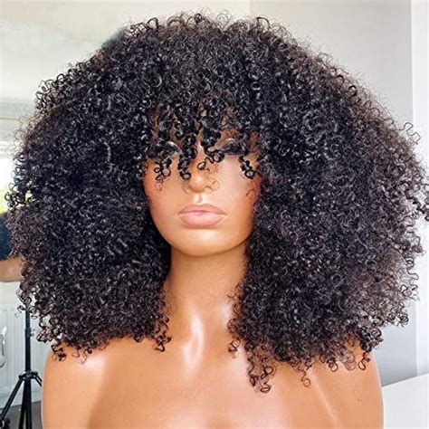 Amazon Com Afro Kinky Curly Wig With Bangs Full Machine Made Scalp