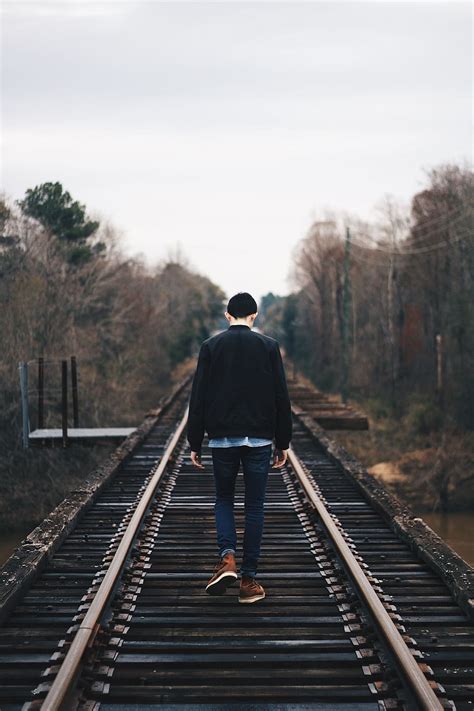 Railway Track People Man Guy Walking Outdoor Tree Plants Rear