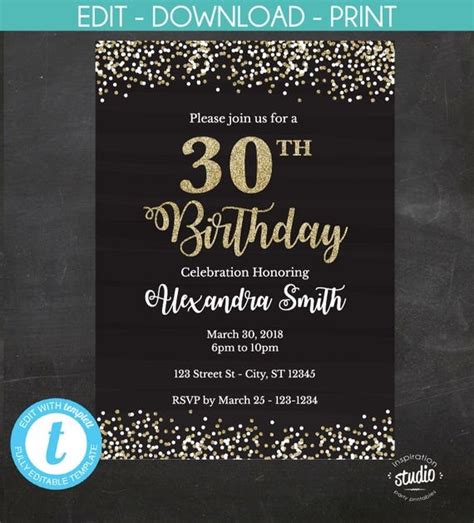 30th Birthday Invitation 30th Birthday Invite Black And Gold Glitter
