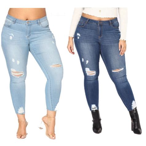 PLUS SIZE Jeans Women High Waist Skinny Pencil Blue Denim Pants Women Stretch Washed Ripped Hole