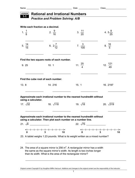 Lesson 1.1 Rational And Irrational Numbers Worksheet Answers