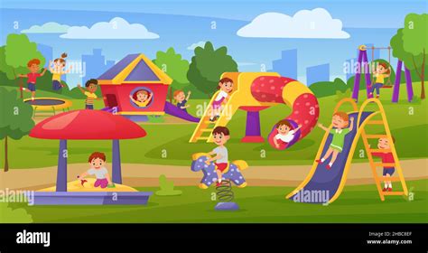 Cartoon Kids Playing On Playground In Summer Park Or Kindergarten