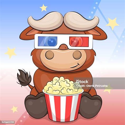 Kerbau Kartun Lucu Dalam Kacamata Bioskop 3d Dan Popcorn Ilustrasi Stok
