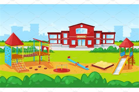 School Building And Yard Playground Vector Graphics Creative Market