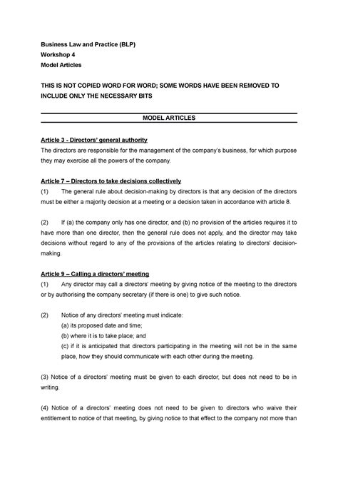 Unit 4 Model Articles Notes Business Law And Practice Blp