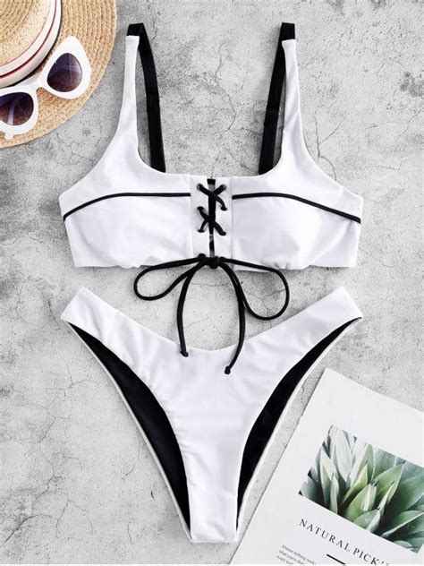 46 OFF 2021 ZAFUL Binding Lace Up High Cut Bikini Swimsuit In WHITE