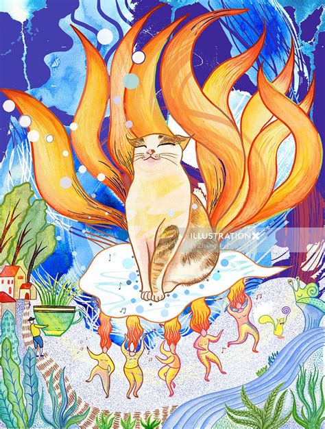 Lucky Nine Tails Cat Illustration By Li Zhang