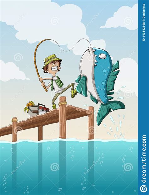 Cartoon Boy Fishing On Wooden Pier Stock Vector Illustration Of