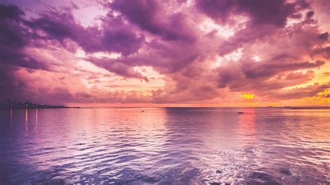 Purple Cloudy Sky Above Body Of Water During Sunset 4k Hd Nature