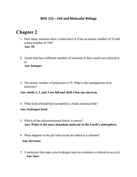 BIOL 112 Chapter 2 Cell And Molecular Biology BIOL 112 Cell And