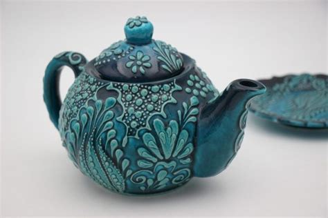Large Hand Crafted Turkish Ceramic Tea Pots In Turquoise Design Nirvana
