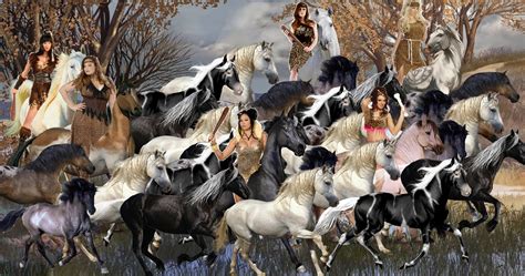 A Group Of Hot Cavewomen Taming A Large Herd Of Wild Horses Girls And