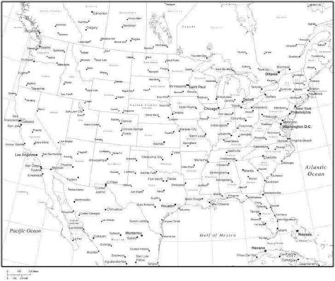 Black And White United States Map With States Provinces And Major Cities