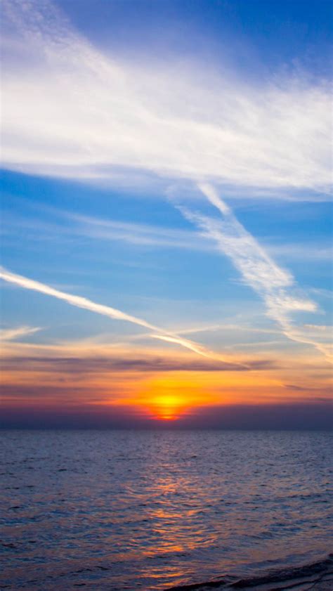 Download Wallpaper 800x1420 Sunset Horizon Sun Sea Clouds Waves