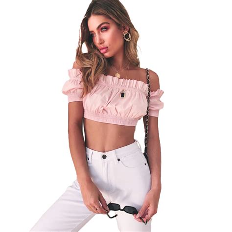 Aliexpress Com Buy Sexy New Women Off The Shoulder Cropped Top Short Sleeves Frill Slash Neck