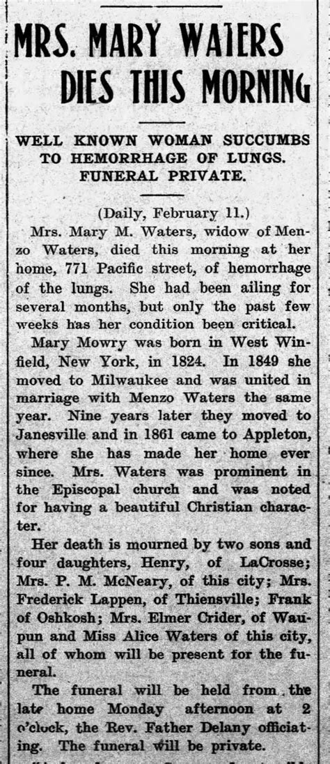 Mrs Mary Waters Obit