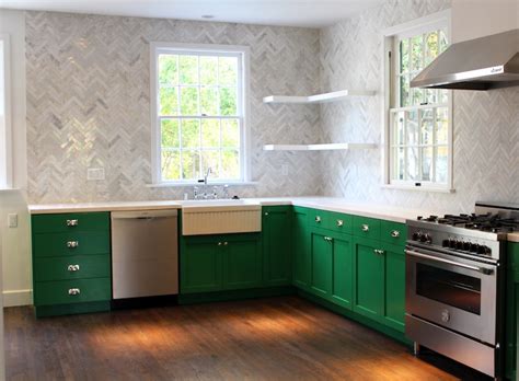 Basement kitchen makeover with emerald green units marble. Herringbone Backsplash - Contemporary - kitchen - Benjamin ...