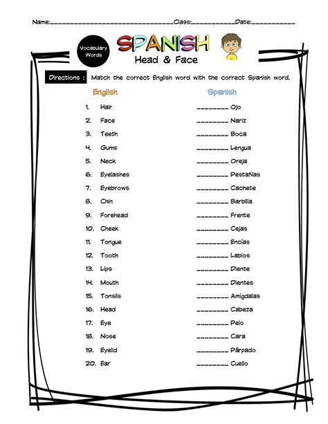 Spanish Head And Face Vocabulary Matching Worksheet And Answer Key Made