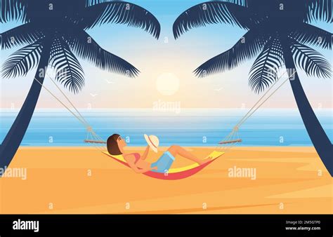 People Relax And Sunbathe On Summer Sea Beach In Tropical Island Vector Illustration Cartoon